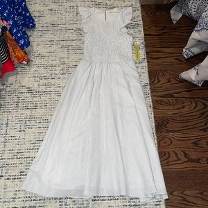 Navy blue and white striped maxi dress